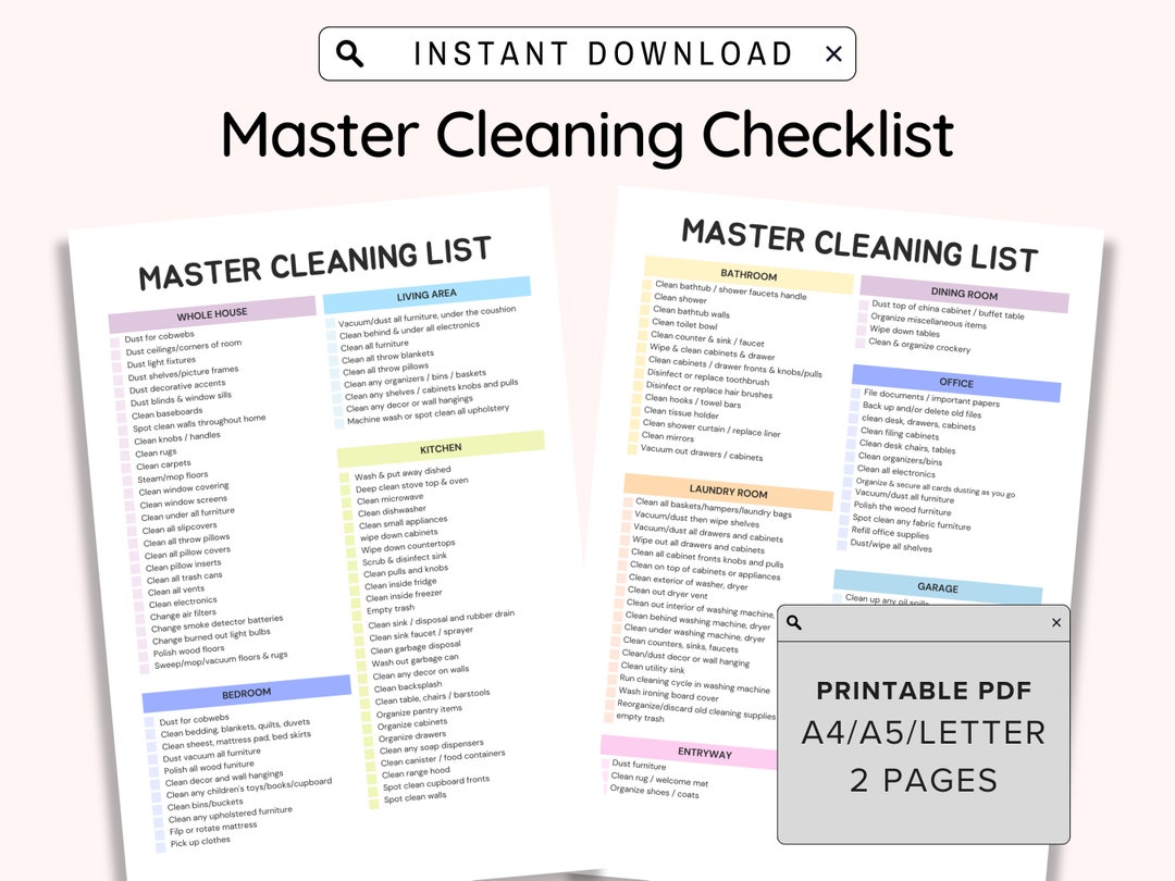 Master Cleaning Checklist Printable House Chore List - Etsy Canada