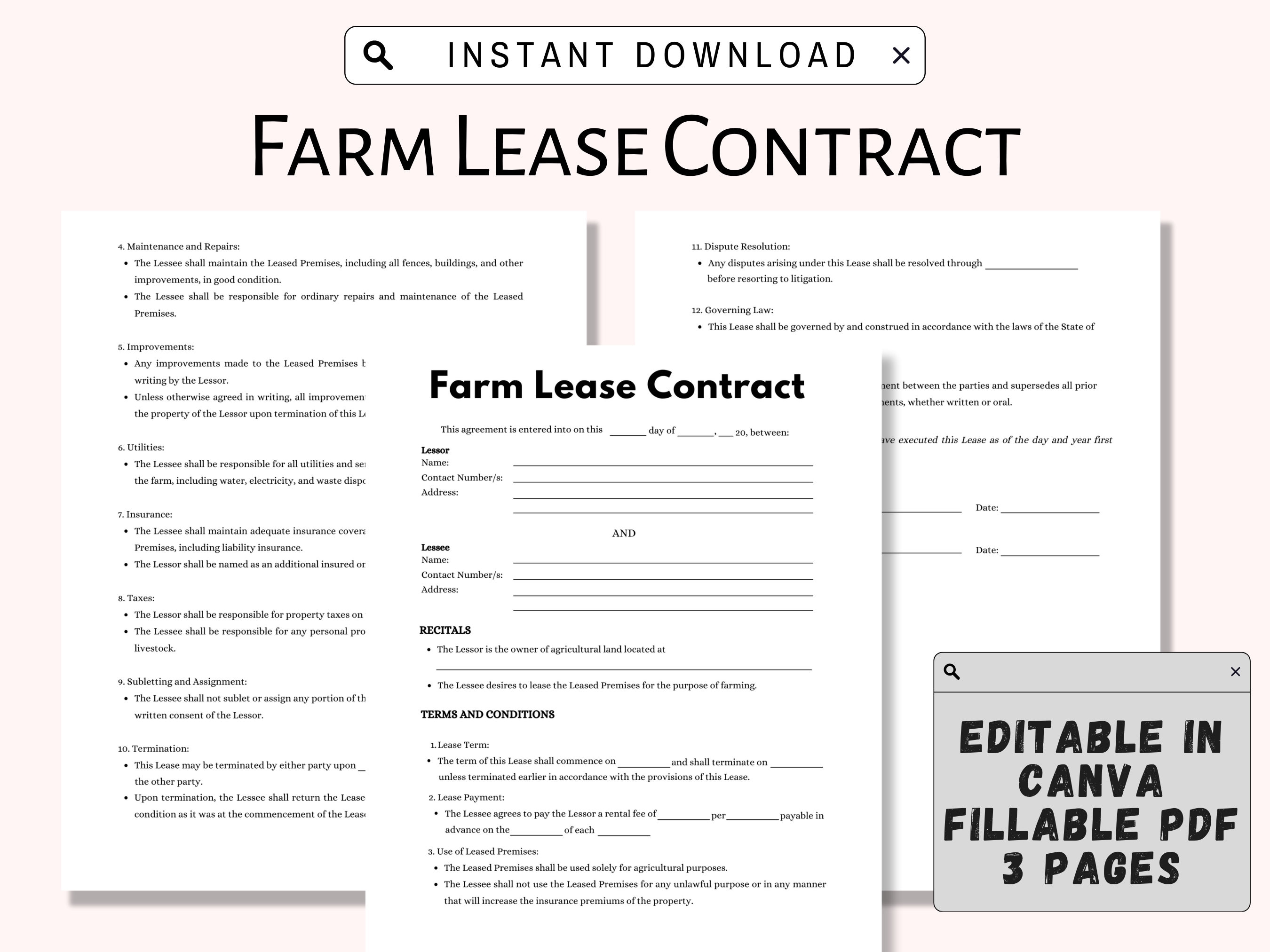 Fillable Farm Lease Contract Template Printable PDF Editable in Canva Fillable Farm Lease Contract Template Printable PDF Editable in Canva