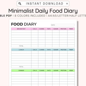 Daily Food Diary Printable, Printable Daily Food Journal, Minimalist ...