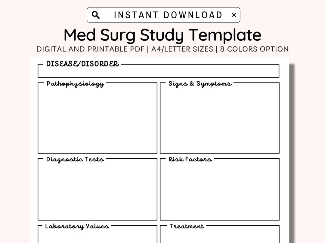 Med Surg Study Template Printable, Pathophysiology Template, Disease Med Surg Study Template Printable, Pathophysiology Template, Disease