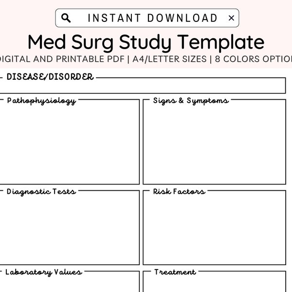 Med Surg Study Template Printable, Pathophysiology Template, Disease Nursing Template Bundle, Nursing Study Template, Nurse Study Notes, PDF