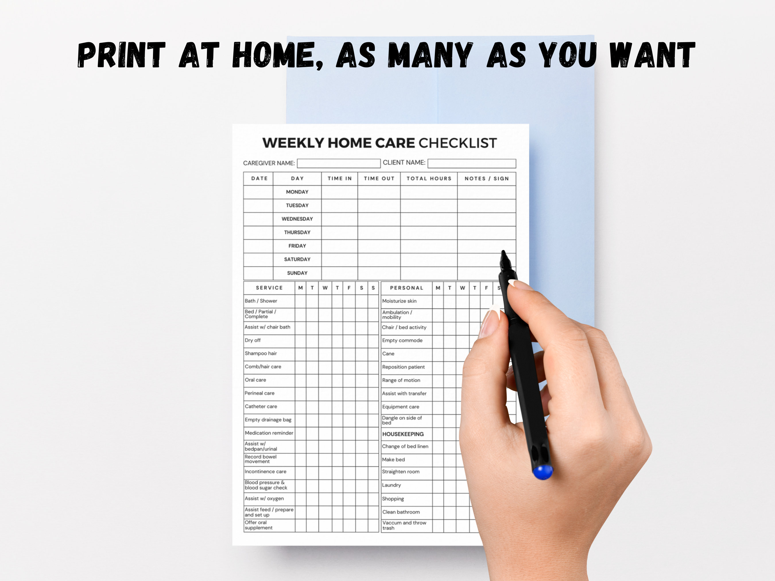 Weekly Home Care Checklist Printable, Monday Start, Caregiving Elderly