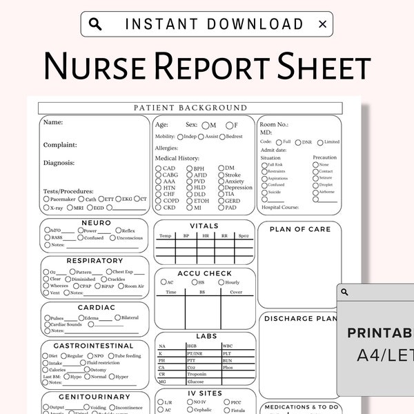 Feuille de rapport infirmier Feuille de rapport infirmier Cerveau en soins infirmiers, feuille de rapport infirmier USI, rapport IA avec médication et journal des tâches, A4/US Letter