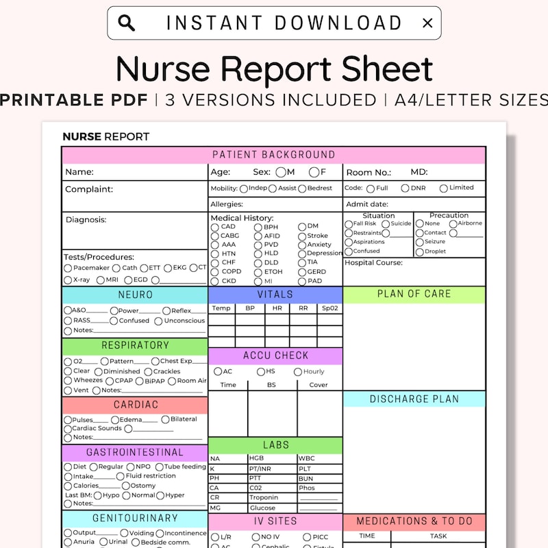 Nursing Report Sheet Etsy