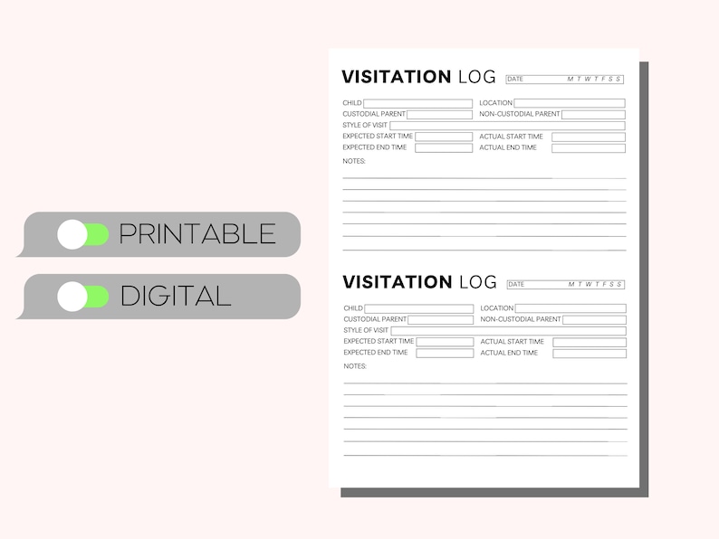 Visitation Log Printable, Child Care Log, Child Visits Tracker