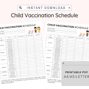 Afdrukbaar vaccinatieschema voor kinderen, immunisatierecord, vaccinatieschema, vaccinatieschema voor baby, kind, kind, huishoudmap, A4/A5/US pdf