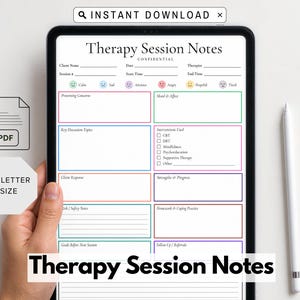 Könnte beinhalten: Eine digitale Vorlage für Therapiesitzungsnotizen auf einem Tablet-Bildschirm. Das Formular enthält Felder für Klientenname, Datum, Therapeut und Sitzungsdetails sowie Stimmungssymbole und farblich gekennzeichnete Abschnitte für Anliegen und Fortschritte.
