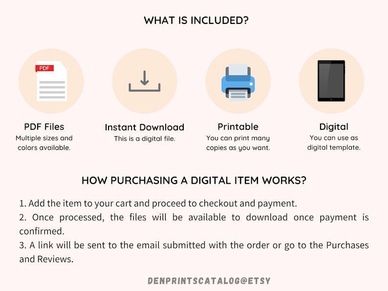 May include: A digital download graphic with four icons representing the features of a digital product. The icons are a PDF file, a download arrow, a printer, and a smartphone. The text "WHAT IS INCLUDED?" is at the top of the graphic. The text "PDF Files" is below the PDF icon. The text "Instant Download" is below the download arrow icon. The text "Printable" is below the printer icon. The text "Digital" is below the smartphone icon. The text "HOW PURCHASING A DIGITAL ITEM WORKS?" is below the icons. The text "1. Add the item to your cart and proceed to checkout and payment." is below the text "HOW PURCHASING A DIGITAL ITEM WORKS?". The text "2. Once processed, the files will be available to download once payment is confirmed." is below the text "1. Add the item to your cart and proceed to checkout and payment.". The text "3. A link will be sent to the email submitted with the order or go to the Purchases and Reviews." is below the text "2. Once processed, the files will be available to download once payment is confirmed.". The text "DENPRINTSCATALOG@ETSY" is at the bottom of the graphic.