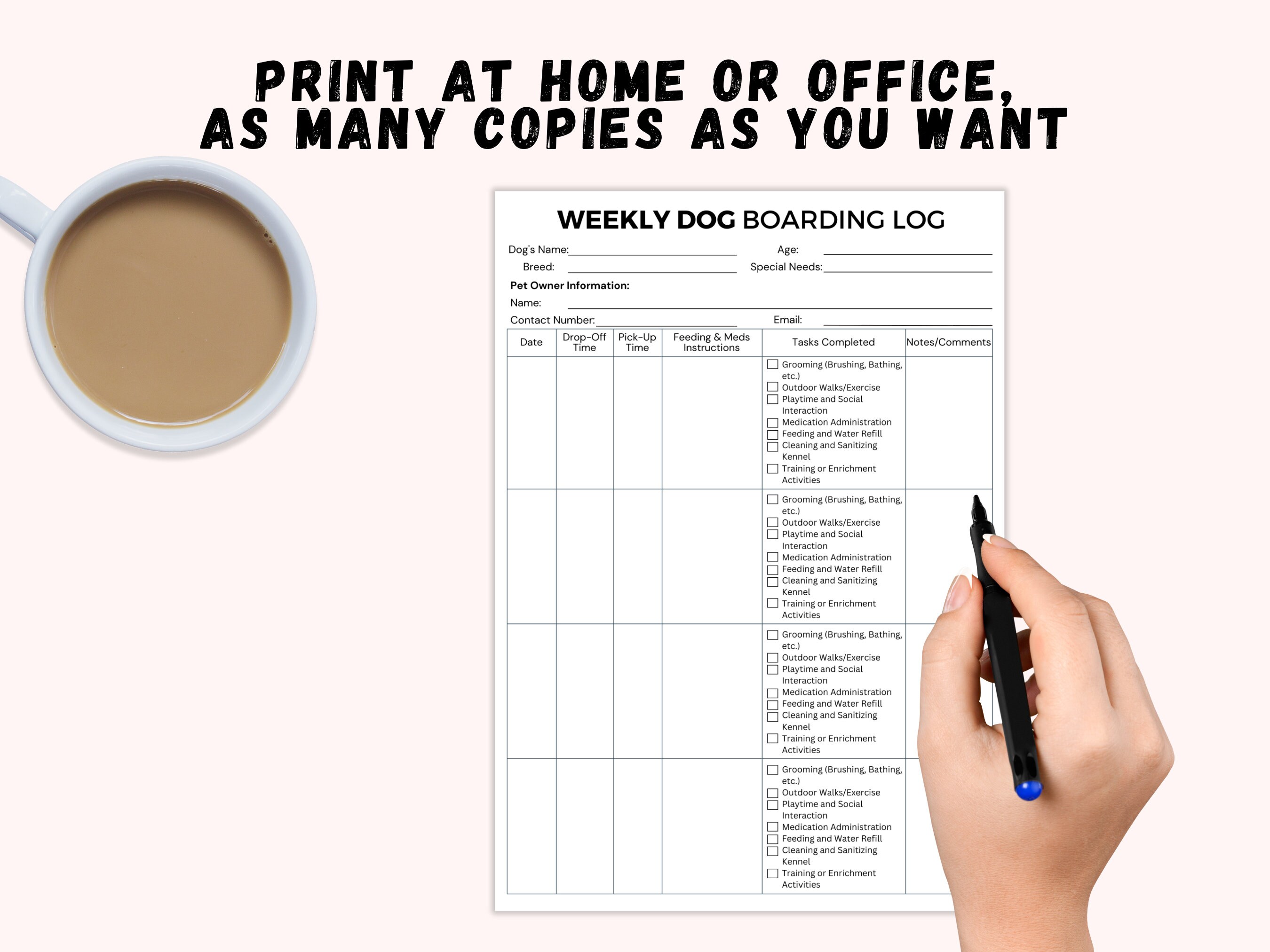 Essential Weekly Dog Boarding Log Printable, for a Kennel or Home