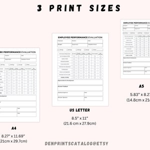 Puede incluir: Un formulario de evaluaci&oacute;n del desempe&ntilde;o de los empleados imprimible en tres tama&ntilde;os diferentes: 21 cm x 29,7 cm (A4), 21,6 cm x 27,9 cm (carta de EE. UU.) y 14,8 cm x 21 cm (A5).