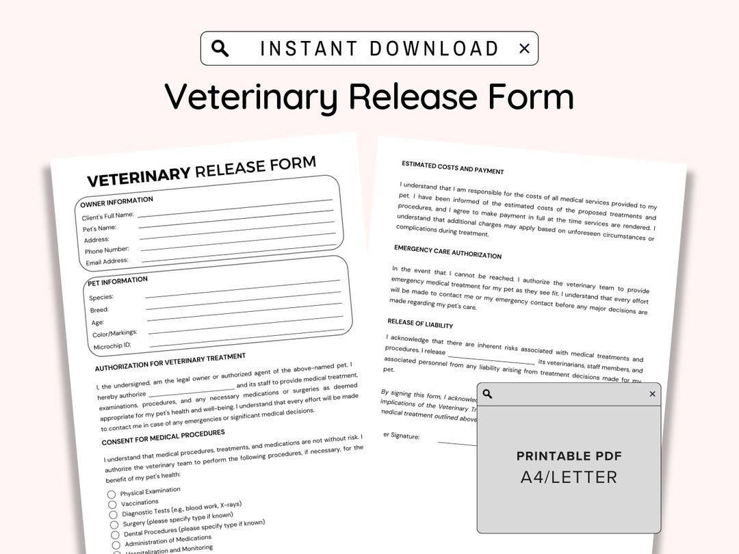 Veterinary Release Form Printable, Veterinary Medical Records Release