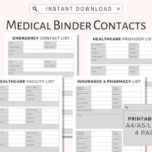 Pasta médica para impressão de contatos, lista de contatos de emergência, lista de médicos, informações do planejador médico, diário de doenças crônicas, assistência médica familiar