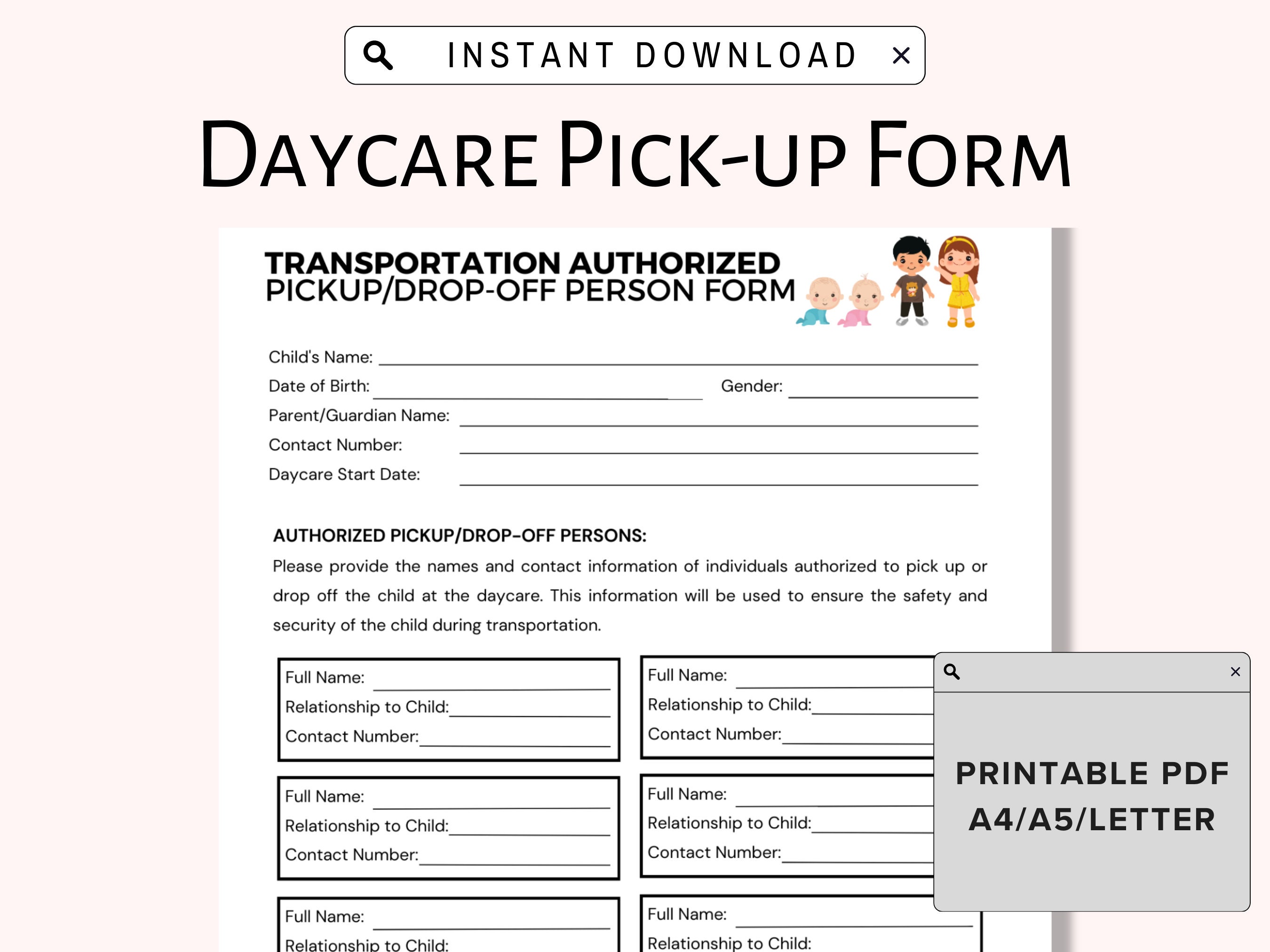 Daycare Pick-up Form, Child Care Center Child Authorized Pick-up ...