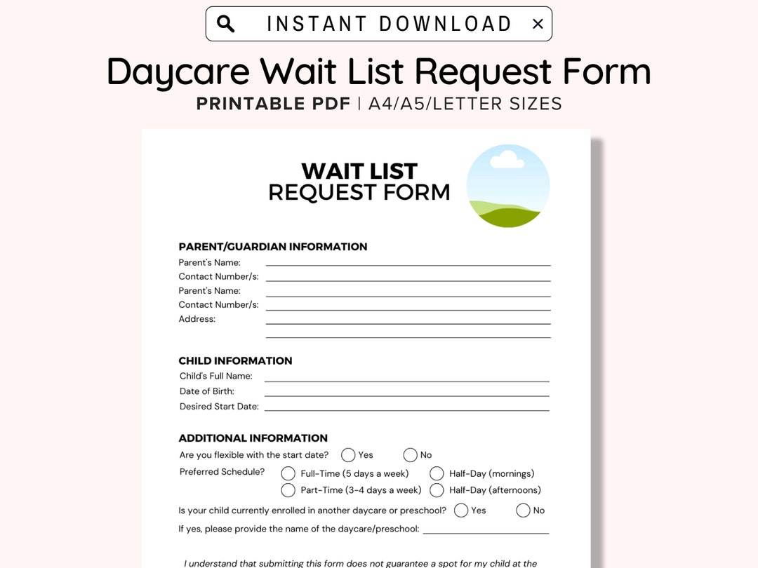 Daycare Wait List Printable, Daycare Waiting List Template, Wait List Daycare Wait List Printable, Daycare Waiting List Template, Wait List