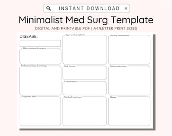 Minimalistische Med Surg Studienvorlage, Pathophysiologie-Vorlage, medizinisch-chirurgische Pflege, Krankheitsprozess-Vorlage, Konzeptkarte, druckbare PDF-Datei