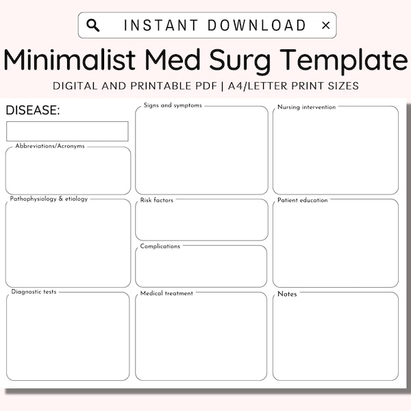Minimalist Med Surg Study Template, Pathophysiology Template, Medical Surgical Nursing, Disease Process Template, Concept Map, Printable PDF