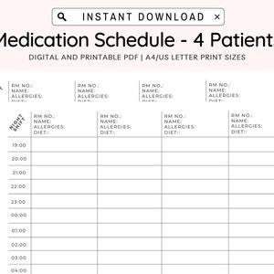 Medication Schedule - Four Patients | Nursing Notes | Nurse To Do - Night Shift | Nursing Shift Report | Hourly Schedule | Medication Chart