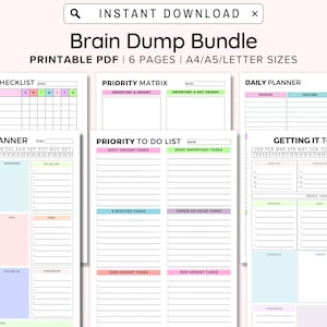 Brain Dump Template BUNDLE Printable, To Do List Editable, ADHD Daily Planner, Productivity, Priority Matrix, Work Day, Thoughts Organizer