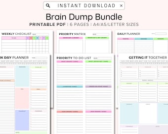 Brain Dump Template BUNDLE Printable, To Do List Editable, ADHD Daily Planner, Productivity, Priority Matrix, Work Day, Thoughts Organizer