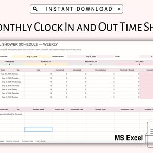 Peut inclure: Un modèle numérique de feuille de temps mensuelle pour MS Excel. La feuille de calcul présente un planning de douche ADL avec des colonnes pour les dates, les jours, les noms des résidents, les unités de chambre, les heures et les soignants.