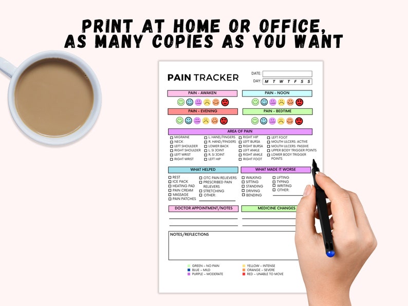 Pu&ograve; includere: Tracker del dolore stampabile con un design colorato. Il tracker include sezioni per registrare i livelli di dolore, le aree di dolore, cosa aiuta, cosa peggiora il dolore, appuntamenti dal medico, cambi di farmaci e note. Il tracker include anche una chiave di colore per i livelli di dolore.