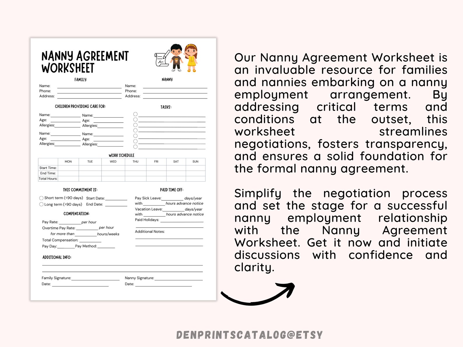 Nanny Agreement Worksheet Printable, Printable Nanny Contract Template, One Page Nanny and ...