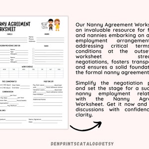 Nanny Agreement Worksheet Printable, Printable Nanny Contract Template, One Page Nanny and ...