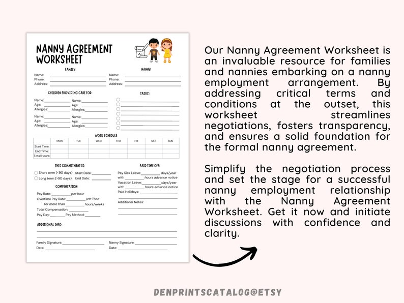 Nanny Agreement Worksheet Printable, Printable Nanny Contract Template, One Page Nanny and ...