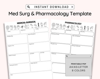 Nursing School Medical Surgical Template, Printable Pharmacology Guide, Nursing Notes, NCLEX, Nursing Student Study Guide, Disease Template