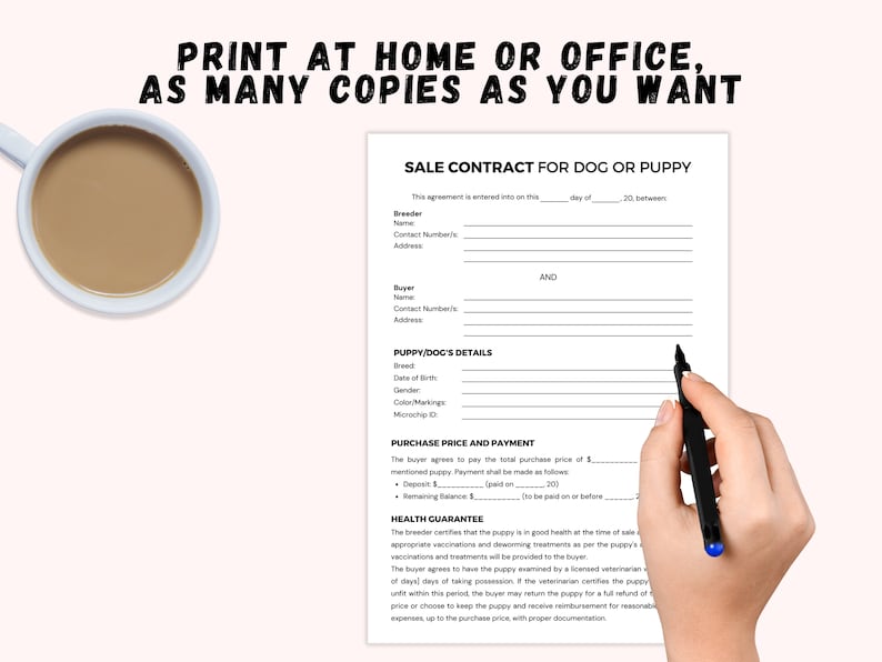 May include: A printable sale contract for a dog or puppy. The contract includes sections for the breeder and buyer information, puppy details, purchase price and payment, and a health guarantee.