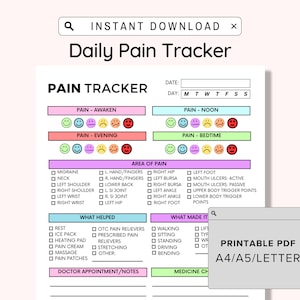 Dagelijkse pijntracker en dagboek afdrukbaar, chronisch pijnbeheer, pijnverlichtingsdagboek, pijnbeheersingstool, pijnlogboek, voor medisch gebied, pdf