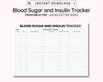 Blood Sugar and Insulin Tracker Printable, Print and Write PDF, Blood Glucose Tracker, Blood Sugar Log, Diabetes Tracker Log,Caregiver Forms