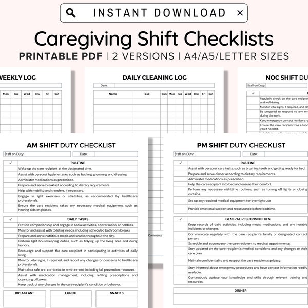 Assisted Living Caregiving Set Printable, Cleaning Schedule Editable, Shower Schedule and Shift Checklists For Elder Care, Caregiver Forms