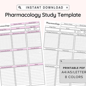 May include: Printable pharmacology study template with sections for drug class, dosage, indications, mechanisms of action, side effects, contraindications, interactions, considerations, nursing assessment, patient education, and notes. The template is available in 8 colors and in A4, A5, and Letter sizes.