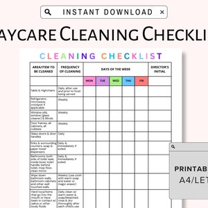 May include: A printable daycare cleaning checklist with a colorful header and a grid layout. The checklist includes areas to be cleaned, frequency of cleaning, and days of the week. The checklist is labeled "Printable PDF A4/Letter".