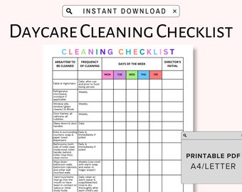 Puede incluir: Una lista de verificación de limpieza de guardería imprimible con un encabezado colorido y un diseño de cuadrícula. La lista de verificación incluye áreas a limpiar, frecuencia de limpieza y días de la semana. La lista de verificación está etiquetada como "PDF imprimible A4/Carta".