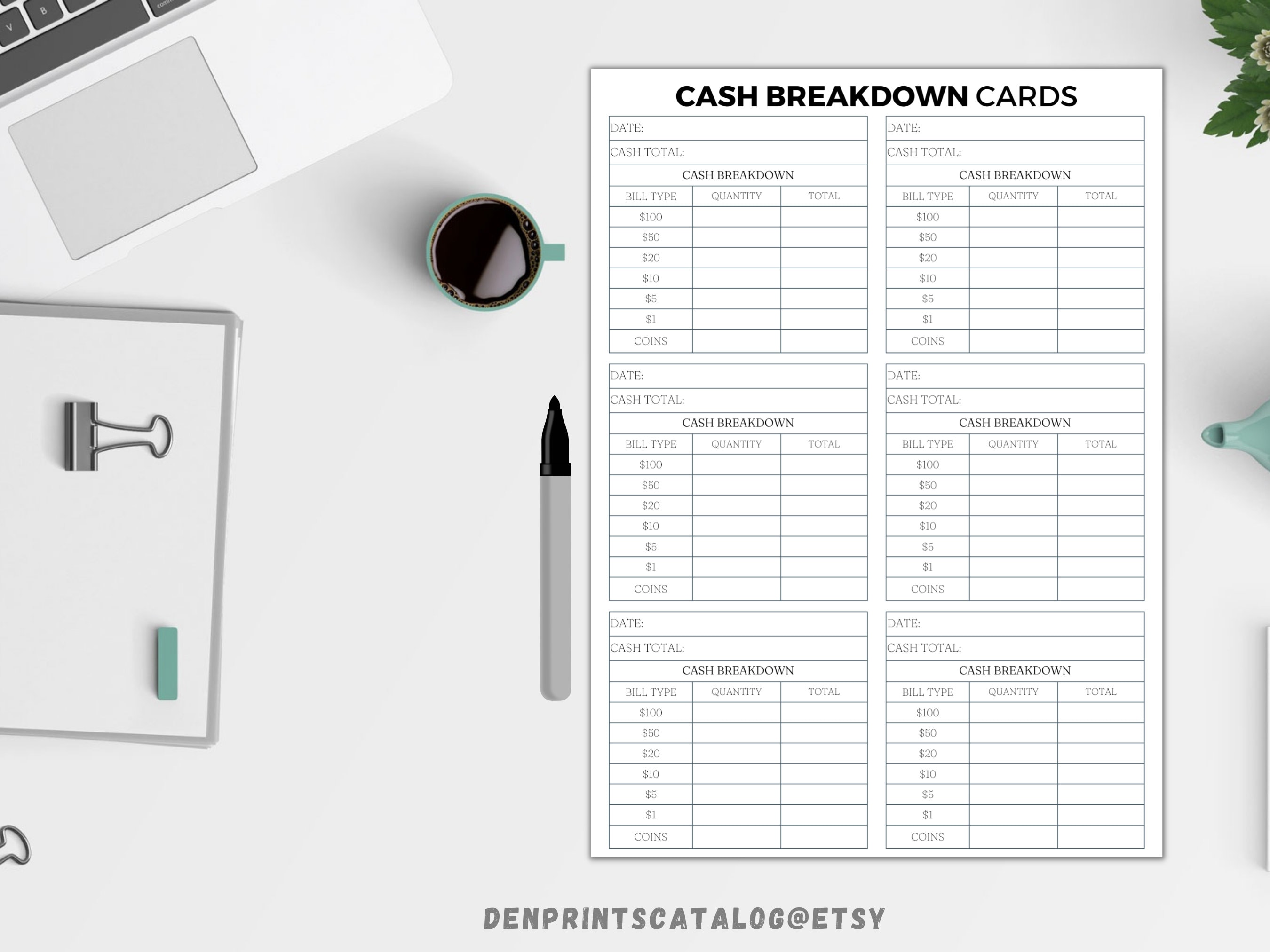 Cash Breakdown Count Sheet Printable, Cash Breakdown Cards, Cash