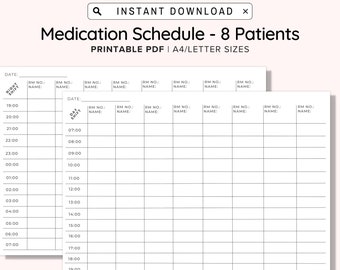 Medication Schedule - 8 Patients, Nursing Notes, Nurse To Do, Nursing Shift Report, Hourly Schedule, Medication Chart, Medication Schedule