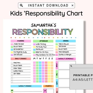 Responsibility Chore Chart for Kids Printable, Kids Daily Weekly Schedule, Kids Chore List, Kids Daily Routine Checklist, Kids Daily Tasks