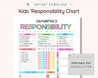 Responsibility Chore Chart for Kids Printable, Kids Daily Weekly Schedule, Kids Chore List, Kids Daily Routine Checklist, Kids Daily Tasks