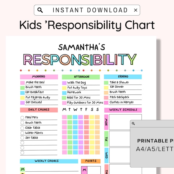 Responsibility Chore Chart for Kids Printable, Kids Daily Weekly Schedule, Kids Chore List, Kids Daily Routine Checklist, Kids Daily Tasks