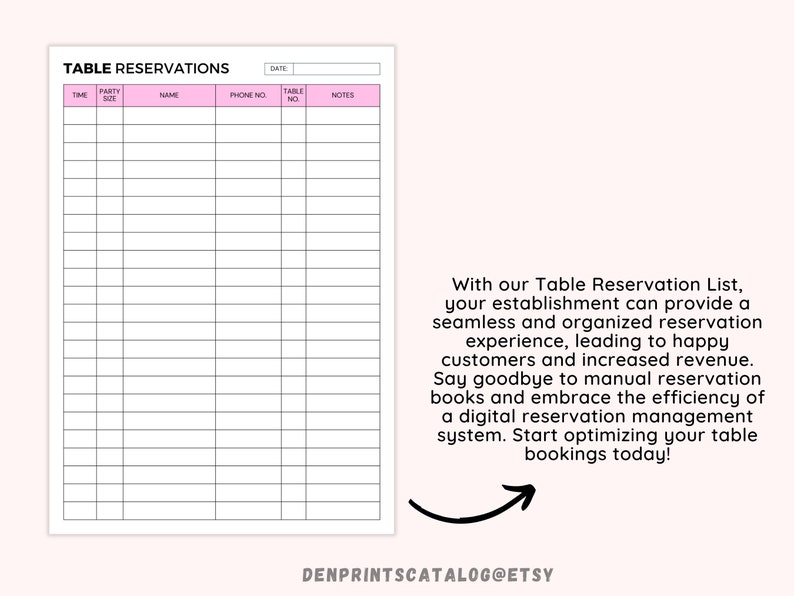 Printable Table Reservation List, Restaurant Table Reservation Form, Restaurant Reservation ...