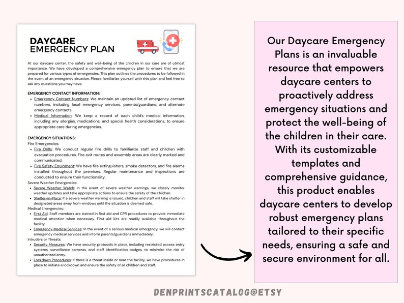 Daycare Emergency Plans Childcare Center Printable Daycare Etsy