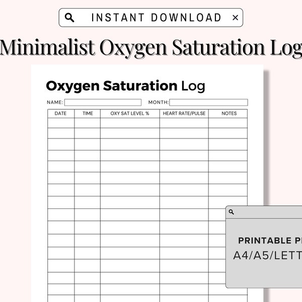 Oxygen Tracker, Saturation Journal, Pulse Log, Oxygen Record, Saturation Organizer, Oxygen Level Log, Pulse Tracker, Medical Planner PDF