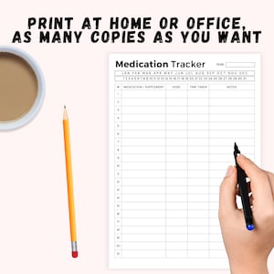 May include: A printable medication tracker with a black and white design. The tracker includes columns for medication or supplement, dose, time taken, and notes. The tracker has a calendar for each month of the year.