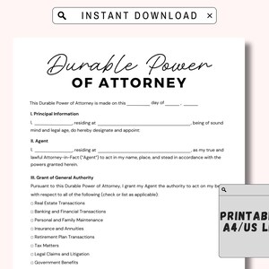 Printable Durable Power of Attorney Template. Durable Power of Attorney Form. POA Form. POA Agreement. Google Docs Word PDF Instant Download