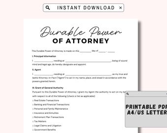 Printable Durable Power of Attorney Template. Durable Power of Attorney Form. POA Form. POA Agreement. Google Docs Word PDF Instant Download