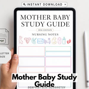 May include: A digital Mother Baby Study Guide 2026 Edition nursing notes template displayed on a tablet screen. The document features colorful icons of pregnancy, medical equipment, and baby items, with blank rectangular fields for notes in US Letter size.