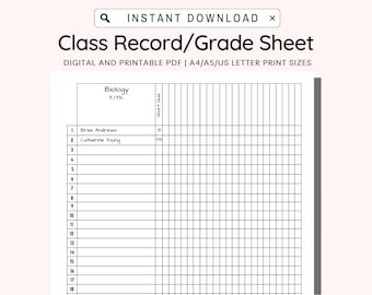 Printable Class Record, Grade Sheet, Class Gradebook, Teacher Gradebook, Class Log Attendance, Class Attendance A4/A5/Letter PDF for Teacher