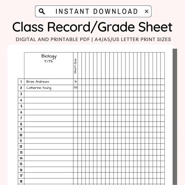 Registro di classe stampabile, Foglio dei voti, Registro dei voti di classe, Registro dei voti dell'insegnante, Registro delle presenze in classe, PDF delle presenze in classe A4/A5/Lettera per l'insegnante